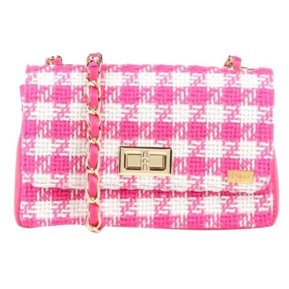 DESIGNER TSD12 PINK/WHITE CHECK FABRIC PRINT CHAIN DETAIL SMALL CROSSBODY BAG - Picture 11 of 13